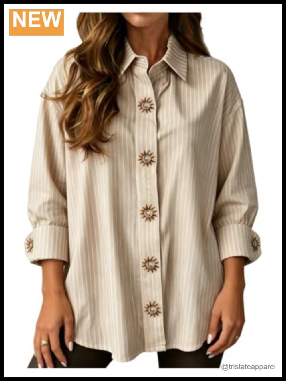 Women's Rhinestone Striped Long Sleeve Button Down Blouse Sun Graphic Dressy